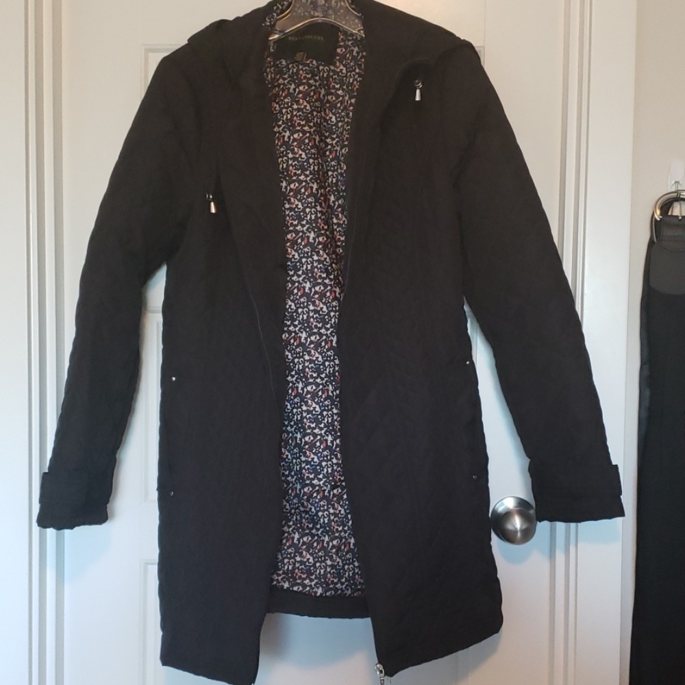 Gently worn black quilted hooded jacket